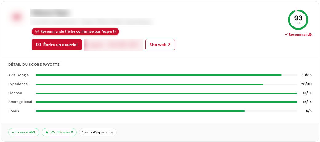 Fiche Payotte d'une courtière hypothécaire recommandée : note 93 sur 100, détail du score (avis Google 33/35, expérience 26/30, licence 15/15, ancrage local 15/15, bonus 4/5)
